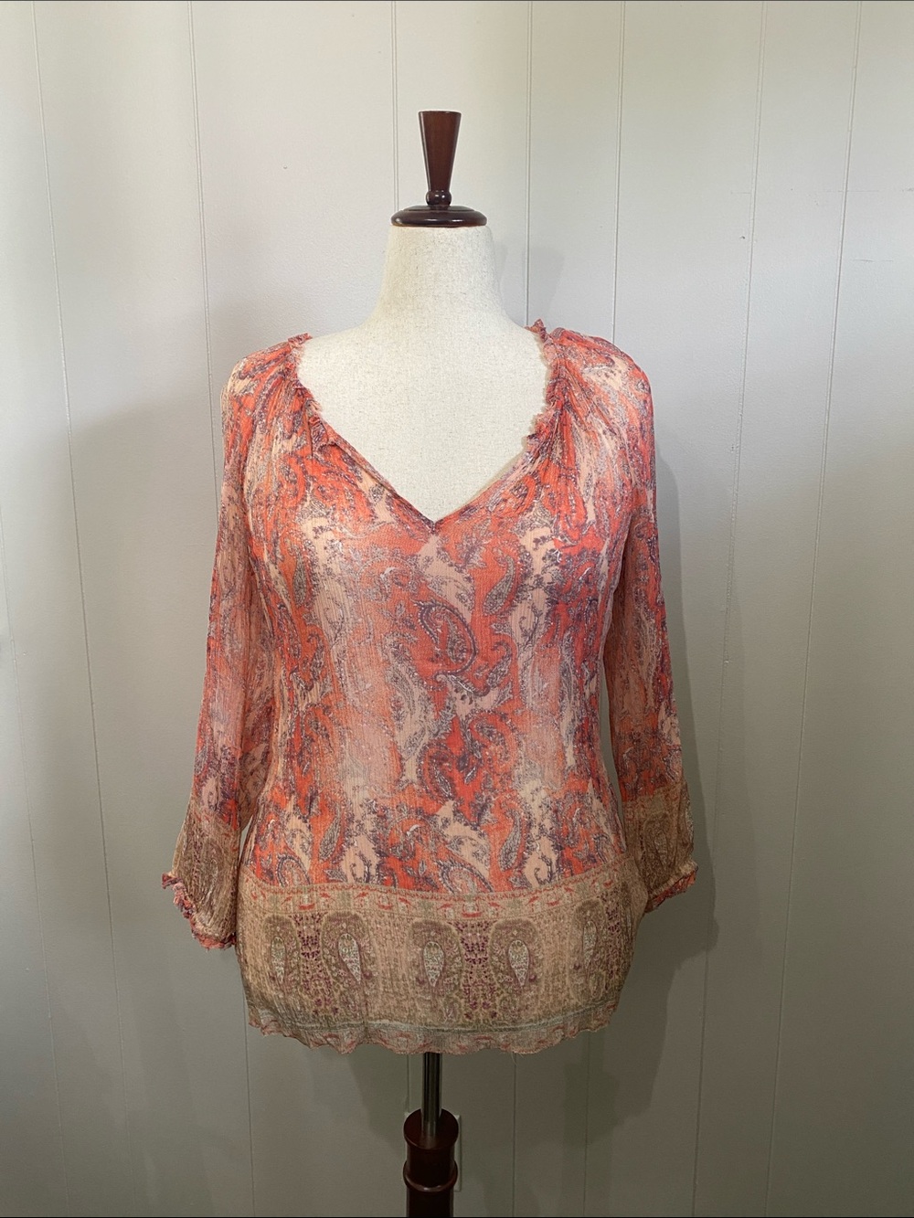Lucky Brand Paisley V-Neck Women's Blouse in Coral and Beige
